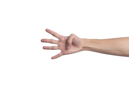 Hand gesture showing number four isolated over the white background.の写真素材