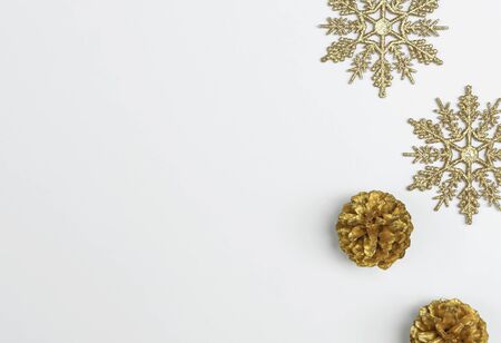 Mock up christmas composition with decorations and snowflake with star on white background. winter, new year concept. Flat lay, top view, copy spaceの写真素材