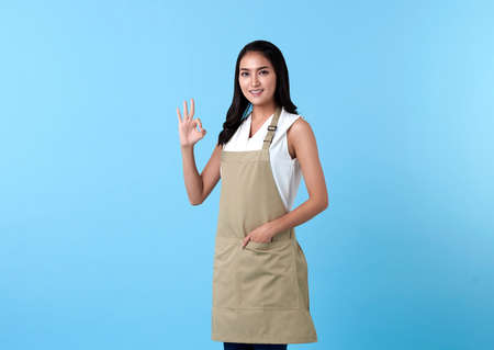 Portrait of service minded asian woman employee showing an Okay sign gesture studio shot on blue...