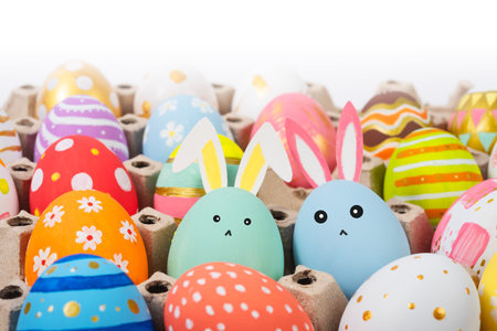Happy easter Colourful of Easter eggs and rabbit eggs background. Greetings and presents for Easter Day celebrate time.の写真素材