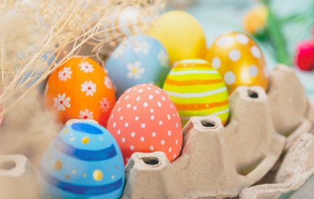 Happy easter Day. Easter eggs on wooden background. Greetings and presents for Easter Day celebrate time.の写真素材