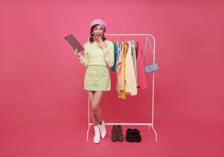 beautiful young Asian teen seller woman selling fashion clothes isolated on pink background. SME online store social e-commerce sale page service web support.の写真素材