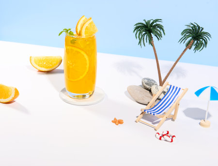 Glass of 100% Orange juice with orange slices fruits on sea beach with white sand. Summer sea vacation and travel concept. Exotic summer drinks.の写真素材