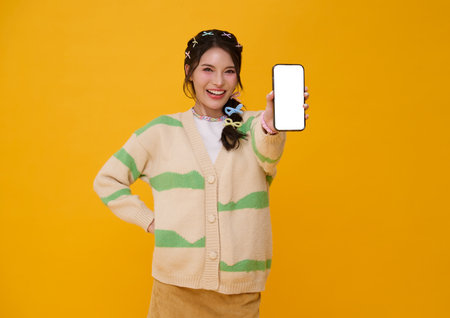 Happy beautiful young Asian woman showing smartphone mockup blank screen isolated on yellow...