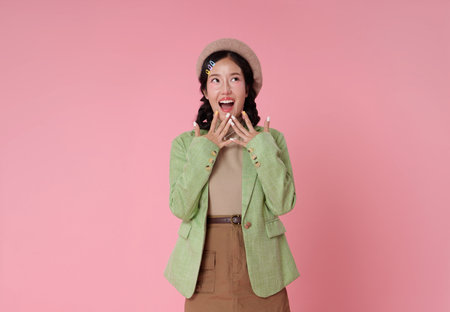 surprised and delighted Asian woman holds her hands to her face looking upwards with an open mouth...