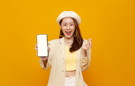 Happy beautiful young Asian woman showing smartphone mockup blank screen isolated on yellow...