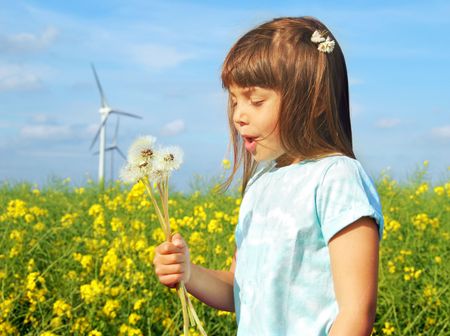 Little girl in front of windmills blowing dandelions の写真素材