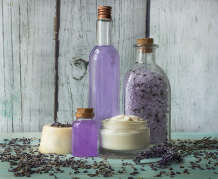 Homemade lavender spa with natural ingredients, face cream, soap, bath salts and facial tonicの写真素材