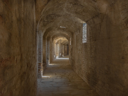 Hall of the amphitheater of the Roman city of Italica in Santiponce, Spain, March 2, 2019