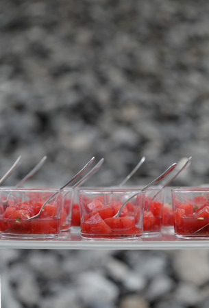 Water melon dessert served on a cristal glassの写真素材