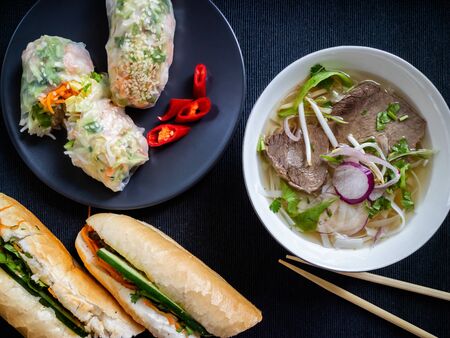 Traditional food from Vietnam pho bo, banh mi bo and nem song