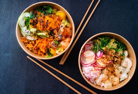 Prawns Poke and salmon and caviar Poke. Hawaiian cuisine.の写真素材