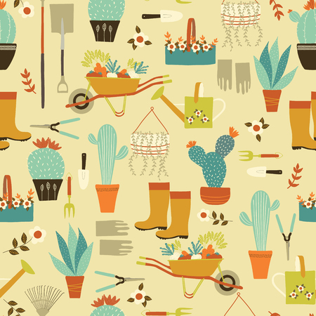 Vector yellow garden utensils and succulents seamless pattern design.のイラスト素材