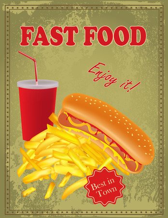 Vintage Fast Food poster with hot dog, fries and drinkのイラスト素材