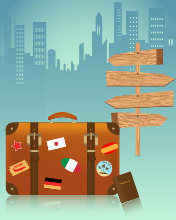 Travel suitcases, International passport, and route direction signのイラスト素材