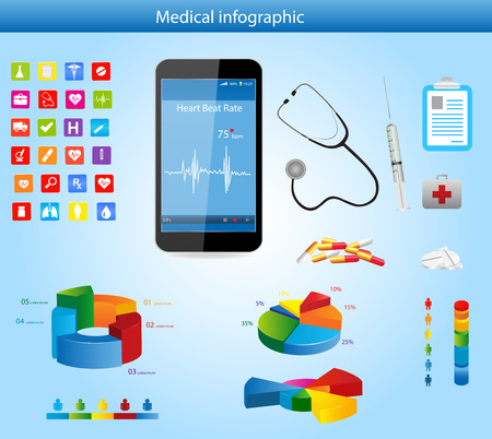 Set of Medical Infographic elements with icons, different charts, smartphone and Heart Rate Monitorのイラスト素材