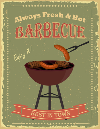 Vintage BBQ poster design with sausage and fresh meatのイラスト素材