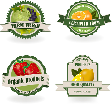 Set of healthy and organic fruit labels. Ecology theme.のイラスト素材