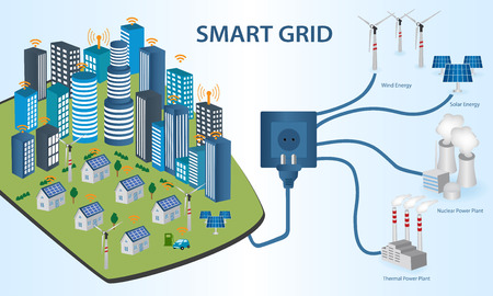 Smart Grid concept Industrial and smart grid devices in a connected network. Renewable Energy and Smart Grid TechnologySmart city design with future technology for living.のイラスト素材