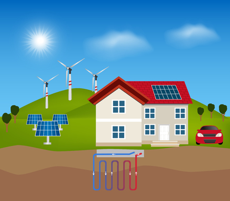 Green energy: Solar energy, Wind Turbine and  geothermal power for alternative energy. Smart house, rooftop with solar cell.のイラスト素材