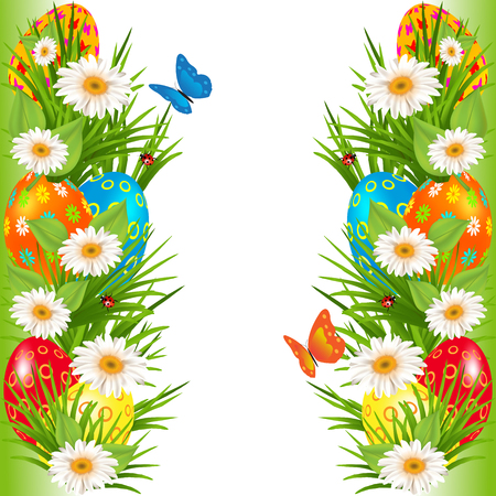 Easter eggs borders with multicolored eggs in a grass with daisy and butterflyのイラスト素材