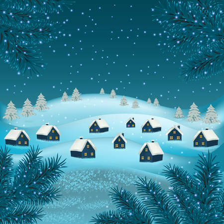New year and Christmas greetings design. Winter holidays landscape. Background with snowflakes Christmas tree and houses. のイラスト素材