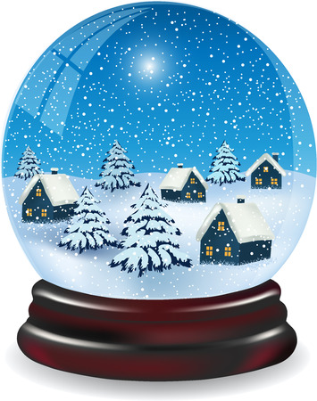 Snow Globe with a snowy Christmas Village. Background with snowflakes Christmas trees and houses isolated on a white backgroundのイラスト素材