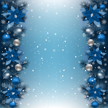 Christmas background with fir branch border. Christmas border with, Christmas flowers Poinsettia, stars and other ornaments.のイラスト素材