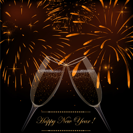 New Year fireworks and champagne glasses Background with fireworks のイラスト素材