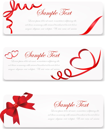A set of vector banners decorated with red ribbon and red hearts.のイラスト素材