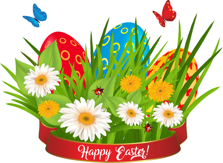 Multicolored eggs in a grass with daisy and butterfly Vector illustration.のイラスト素材