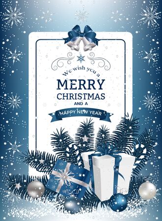 Christmas background with decoration and paper. Decorative Christmas festive background with Christmas snow, balls, stars and ribbons.のイラスト素材