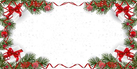 Christmas background with decoration. Decorative Christmas festive background with Christmas snow, balls, gifts, stars and ribbons.のイラスト素材