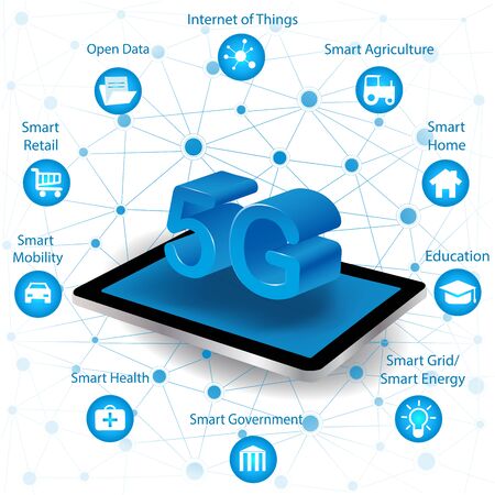 Internet networking concept and 5G technology.Network in background  with different icon and elements.Internet of things/Smart city and 5G technologyのイラスト素材