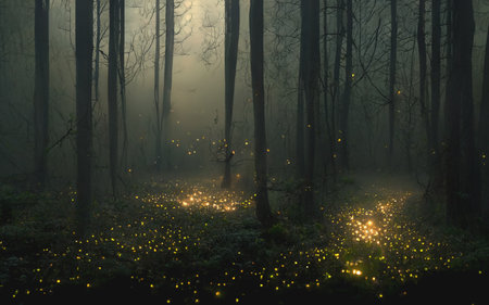 Mysterious forest at night with yellow light in the fog. Artistic imageの写真素材