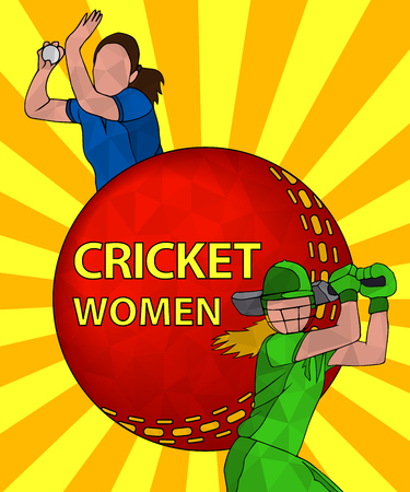Batswoman and bowler playing cricket. Abstract poster for womens cricket. Vector illustration of female cricket.のイラスト素材