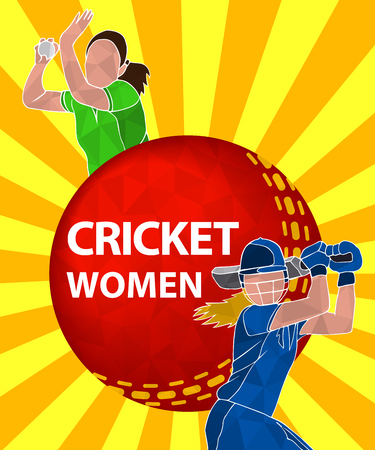 Batswoman and bowler playing cricket. Abstract poster for womens cricket. Vector illustration of female cricket.のイラスト素材
