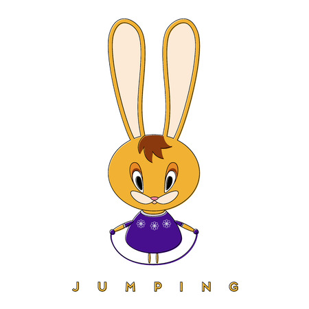 Rabbit jumps on a skipping rope. The Easter Bunny is getting better in the spring and playing sports. Vector illustration.のイラスト素材