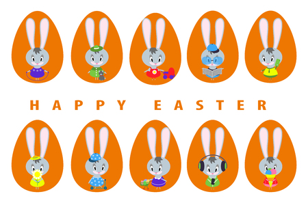 Big set of cute Easter bunnies in different poses. Spring fun for little rabbits.のイラスト素材