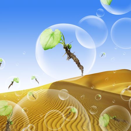 safe our planet concept - plants in bubbles and desert as a background