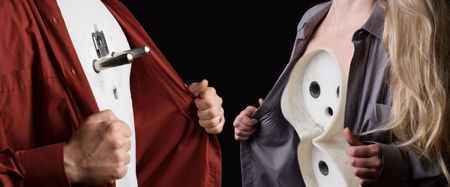 power outlet and extension plug - man and womanの写真素材