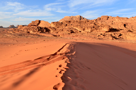 Wadi Rum desert in Jordan. Big area with blue sky and blue sky.の写真素材