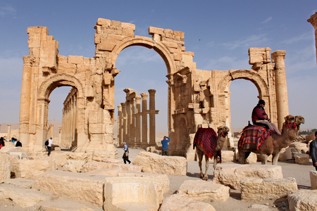 Syria, Palmyra; February 25, 2011 - Arch of Triumph. Ruins of the ancient Semitic city of Palmyra on syrian desert (shortly before the war)のeditorial素材
