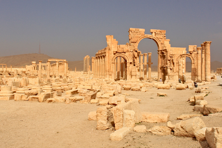 Arch of Triumph.Ruins of the ancient city of Palmyra on syrian desert (shortly before the war)の写真素材
