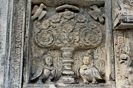 Relief in the ancient Borobudur temple in Indonesiaの写真素材