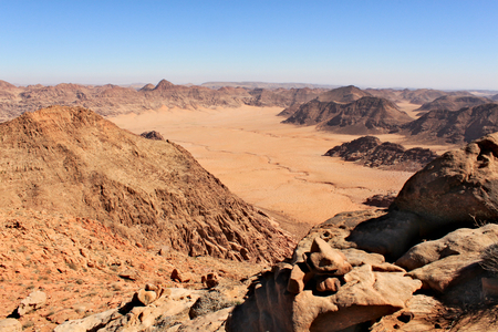 View on valley in Saudi Arabia from mountain Jebel Umm Adaami - the highest peak in Jordan.の写真素材