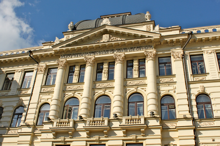 Lithuania, Vilnius; August 14th 2017 - Building of national philharmonic in capital of Lithuania vilnius. The old architucter with beautiful carving and decorative balconiesのeditorial素材