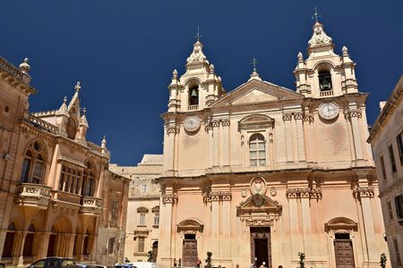 Mdina, Malta - June 4th 2019- One of the old town streets of Mdina/Rabat with historical buildings and decorative carvingsのeditorial素材