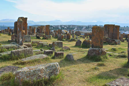 Medieval cemetery with many early khachkars located in the village of Noratus in Armeniaの写真素材
