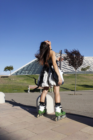 woman with a guitar looking upの写真素材